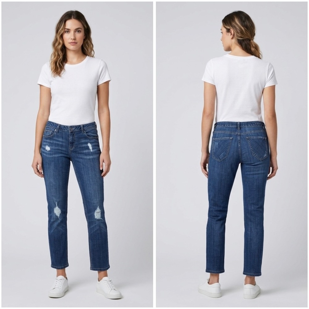 Vigoss‎ The Thompson Tomboy Distressed Straight Leg Crop Jeans Dark Wash 34x27